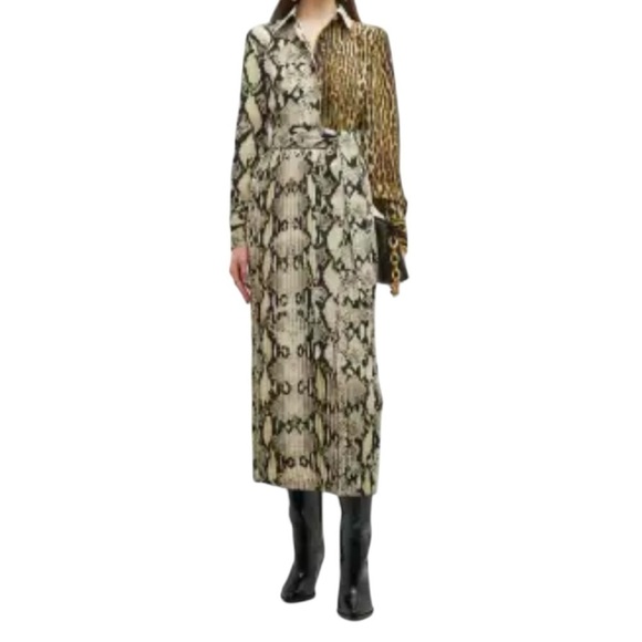 Roberto Cavalli Mixed Animal-Print Longe Sleeve Midi Shirtdress Pleated Size 2 - Picture 2 of 12